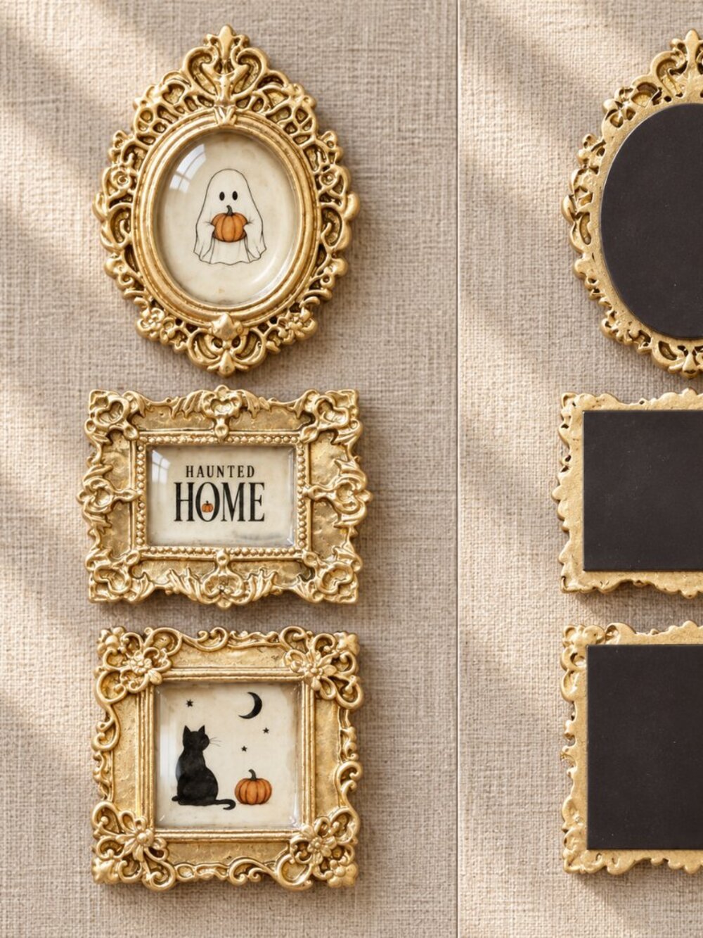Cute Halloween Mini Magnet Set, Ornate Gold Frames, Black Cat Ghost Pumpkin Art